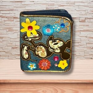 Disney Denim Wallet with Floral Mickey Design